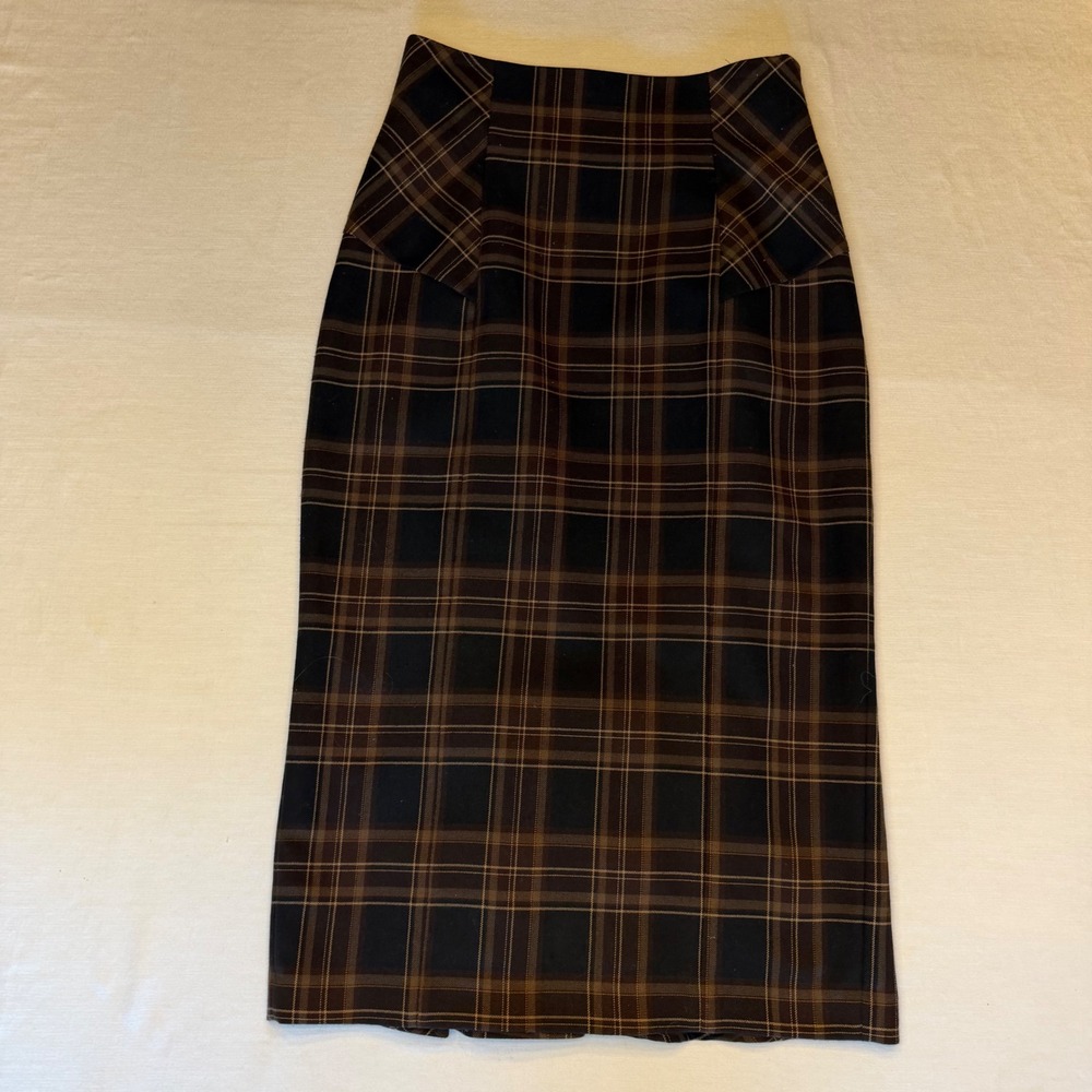 Body by Victoria Pencil Skirt Womens 4 Brown Plaid Wool Blend Pleated back Midi